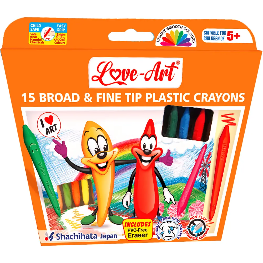 Pack of 15 Broad & Fine Tip Plastic Crayons with Eraser and Sharpener – Triangular Easy-Grip, Non-Toxic, Washable Pack of 15 Broad & Fine Tip Plastic Crayons with Eraser and Sharpener – Triangular Easy-Grip, Non-Toxic, Washable
