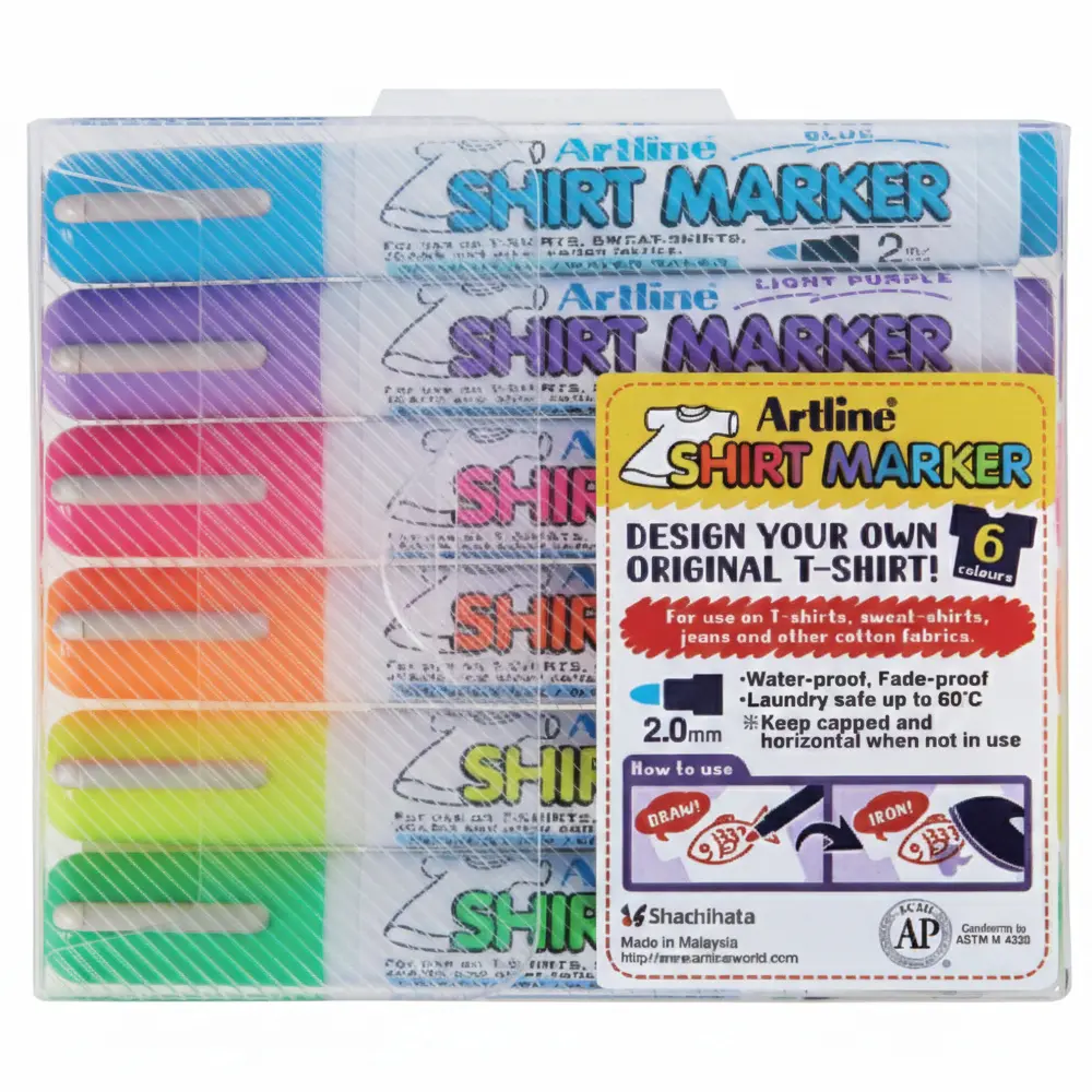 Shirt Marker pens for cotton fabrics – water-based pigment ink, vibrant colours, available in single, twin, and wallet packs for DIY T-shirt designs. Shirt Marker pens for cotton fabrics – water-based pigment ink, vibrant colours, available in single, twin, and wallet packs for DIY T-shirt designs.