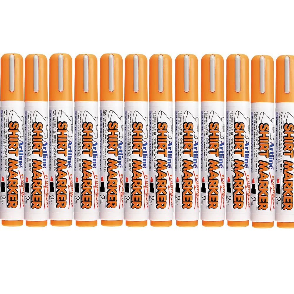 Shirt Marker pens for cotton fabrics – water-based pigment ink, vibrant colours, available in single, twin, and wallet packs for DIY T-shirt designs. Shirt Marker pens for cotton fabrics – water-based pigment ink, vibrant colours, available in single, twin, and wallet packs for DIY T-shirt designs.