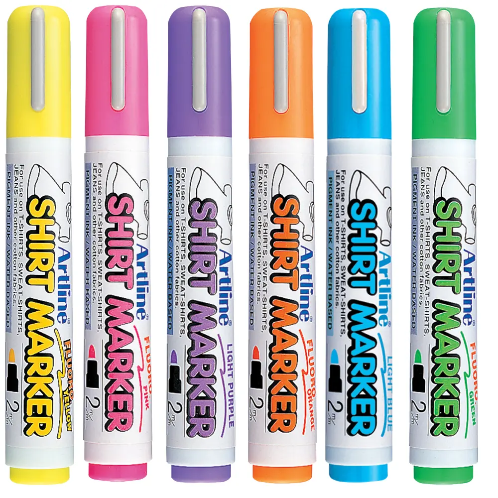 Shirt Marker pens for cotton fabrics – water-based pigment ink, vibrant colours, available in single, twin, and wallet packs for DIY T-shirt designs. Shirt Marker pens for cotton fabrics – water-based pigment ink, vibrant colours, available in single, twin, and wallet packs for DIY T-shirt designs.