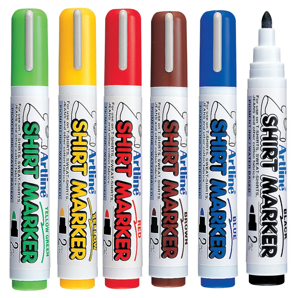 Shirt Marker pens for cotton fabrics – water-based pigment ink, vibrant colours, available in single, twin, and wallet packs for DIY T-shirt designs. Shirt Marker pens for cotton fabrics – water-based pigment ink, vibrant colours, available in single, twin, and wallet packs for DIY T-shirt designs.
