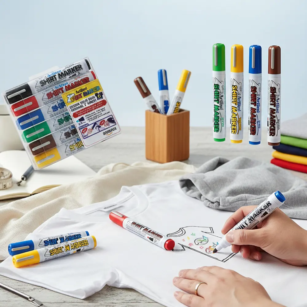 Shirt Marker pens for cotton fabrics – water-based pigment ink, vibrant colours, available in single, twin, and wallet packs for DIY T-shirt designs. Shirt Marker pens for cotton fabrics – water-based pigment ink, vibrant colours, available in single, twin, and wallet packs for DIY T-shirt designs.