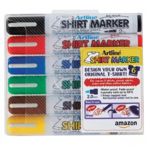 Shirt Marker pens for cotton fabrics – water-based pigment ink, vibrant colours, available in single, twin, and wallet packs for DIY T-shirt designs.