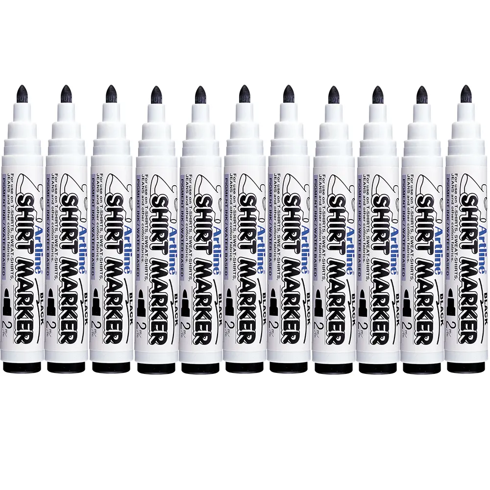 Shirt Marker pens for cotton fabrics – water-based pigment ink, vibrant colours, available in single, twin, and wallet packs for DIY T-shirt designs. Shirt Marker pens for cotton fabrics – water-based pigment ink, vibrant colours, available in single, twin, and wallet packs for DIY T-shirt designs.