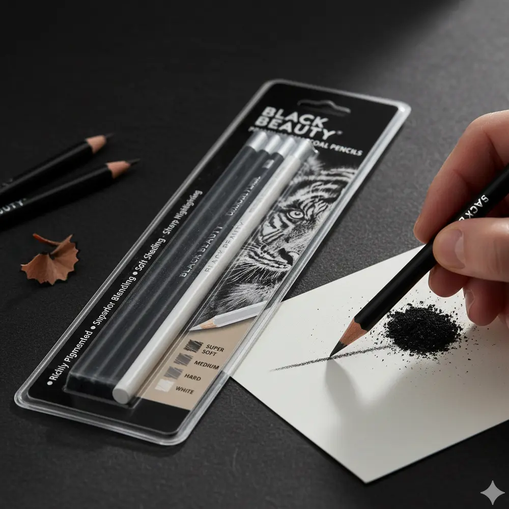Premium charcoal pencil set with super soft, medium, hard and white grades