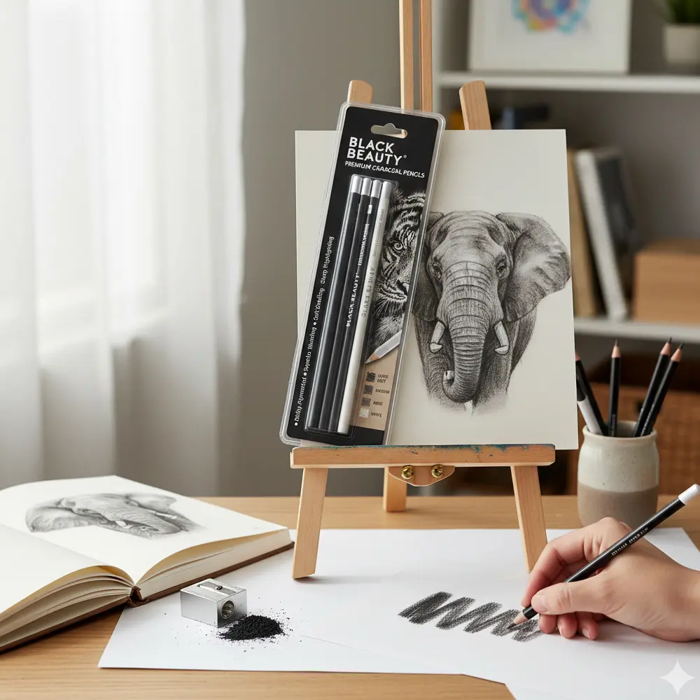 Premium charcoal pencil set with super soft, medium, hard and white grades