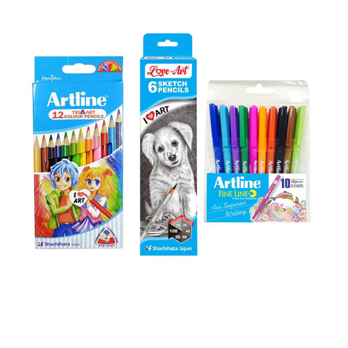 Combo Pack - 10 Assorted Fine Line Pens, 6 Sketch Pencils, and 12 Tri-Art Colour Pencils Set