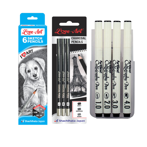 Vibrant Coloured Pencils Set - Love Art Ultra Dark Sketch Pencil (6 Pack), Charcoal Pencil (3 Pack), and Calligraphy Pens (4 Pack) - Perfect for Artists