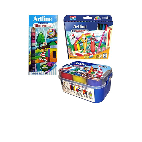 Combo Pack: 15 Oil Pastels Set, 6 Poster Color Set & 15 Broad & Fine Tip Plastic Crayons Pack - The Magic of Colours!