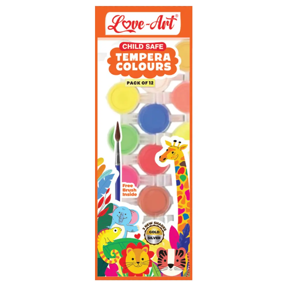 Pack of 12 tempera colours – Snow White, Ivy Green, Red, Lemon Yellow, Black, Burnt Sienna, Leaf Green, Flesh Tint, Liquid Gold, Fluro Pink, Blue and Liquid Silver paints for children. Pack of 12 tempera colours – Snow White, Ivy Green, Red, Lemon Yellow, Black, Burnt Sienna, Leaf Green, Flesh Tint, Liquid Gold, Fluro Pink, Blue and Liquid Silver paints for children.