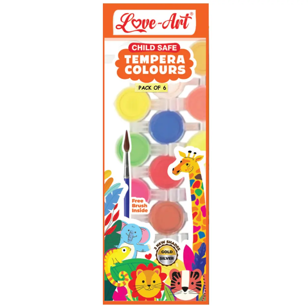 Pack of 6 tempera colours – Black, Red, Green, Blue, Violet and Orange washable paints for kids. Pack of 6 tempera colours – Black, Red, Green, Blue, Violet and Orange washable paints for kids.
