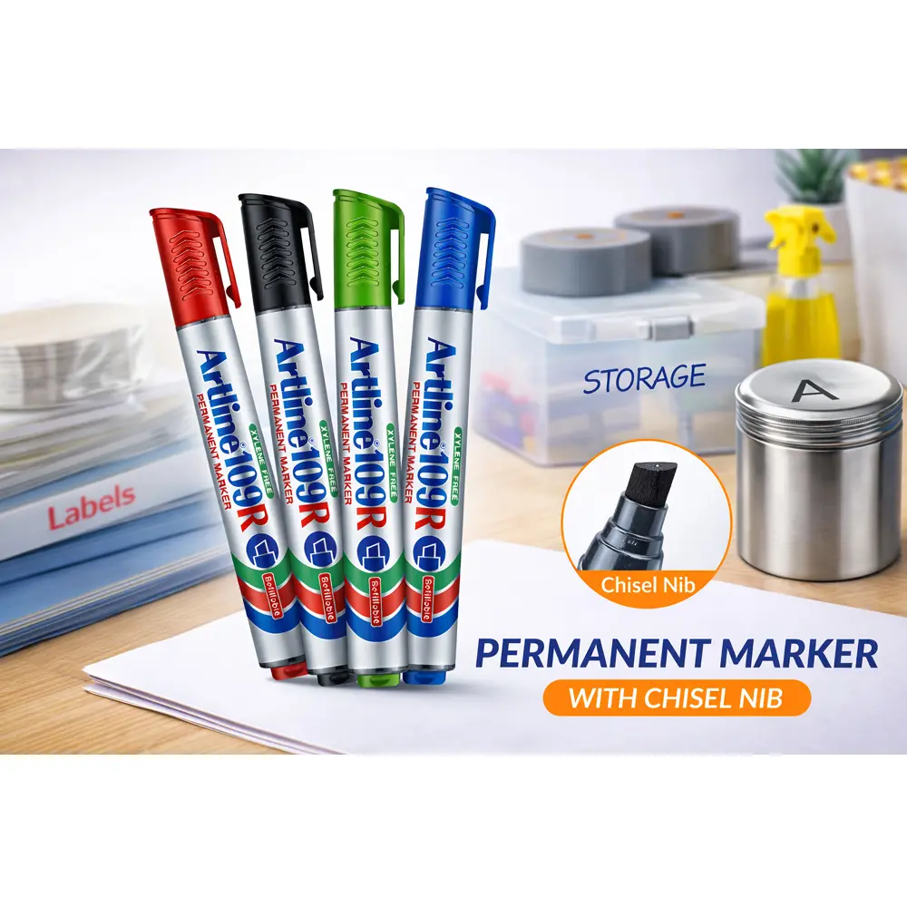 109R refillable permanent marker with chisel tip for writing on paper, plastic and metal surfaces 109R refillable permanent marker with chisel tip for writing on paper, plastic and metal surfaces