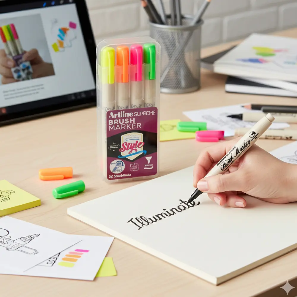 Supreme brush marker set showing multiple bright colours for art and lettering Supreme brush marker set showing multiple bright colours for art and lettering