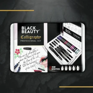 Black Beauty calligraphy fountain pen set front view