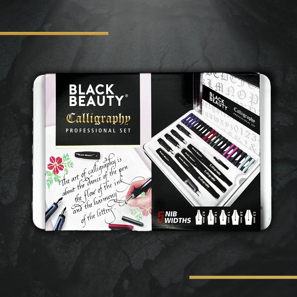 Black Beauty calligraphy fountain pen set front view Black Beauty calligraphy fountain pen set front view
