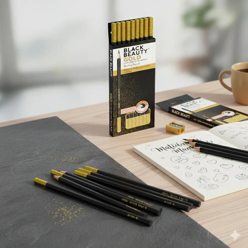 Black Beauty Bling Series Gold writing pencil for smooth handwriting, pack of 10 pencils Black Beauty Bling Series Gold writing pencil for smooth handwriting, pack of 10 pencils
