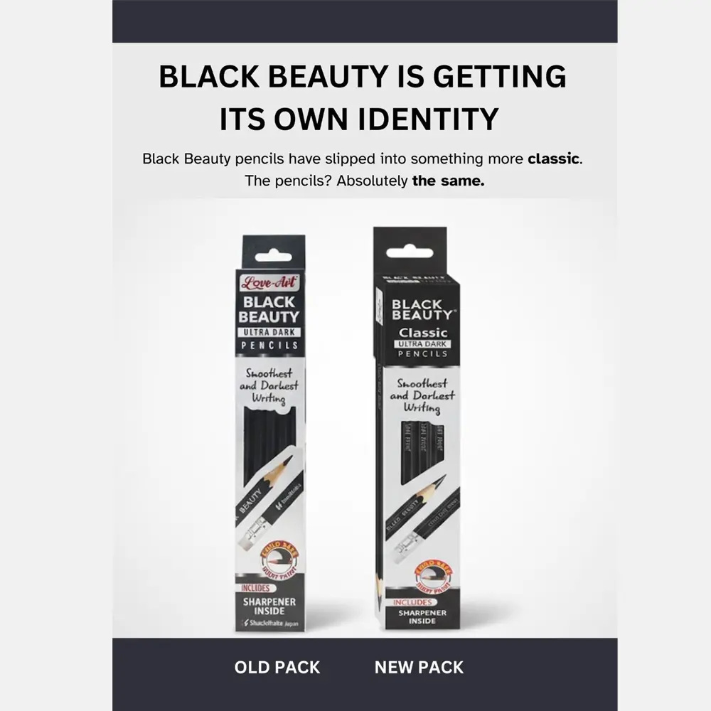 Black Beauty writing pencils displayed with jar pack and free sharpener