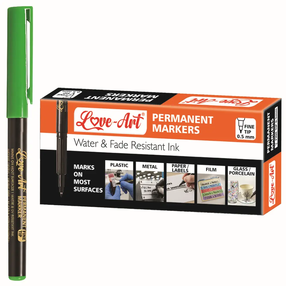 Fine tip permanent marker pen available in black blue red green and purple Fine tip permanent marker pen available in black blue red green and purple