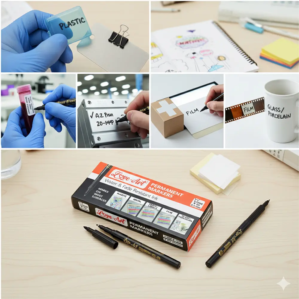 Fine tip permanent marker pen available in black blue red green and purple Fine tip permanent marker pen available in black blue red green and purple