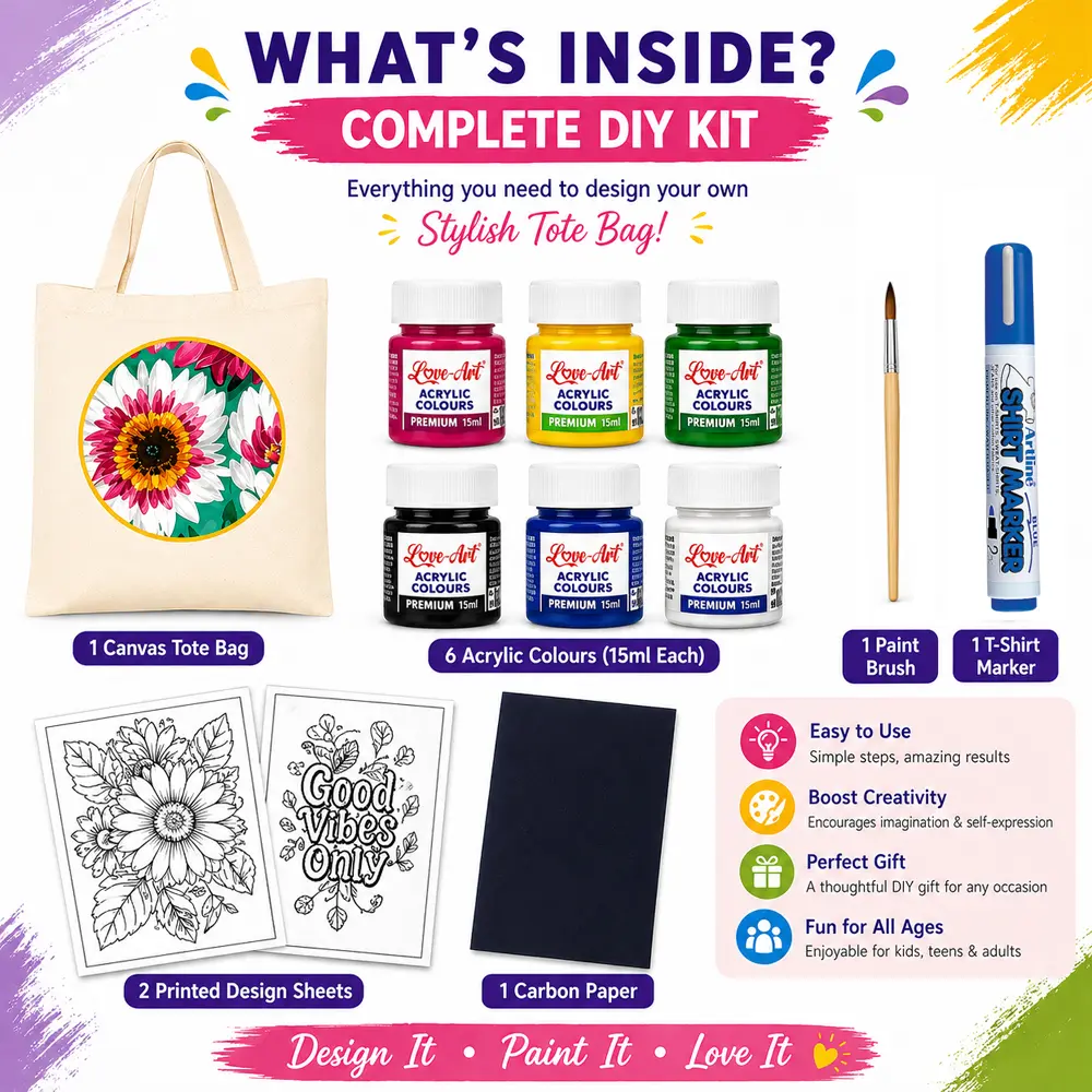 6 assorted acrylic colours (15ml each) included in Love-Art tote bag painting kit 6 assorted acrylic colours (15ml each) included in Love-Art tote bag painting kit