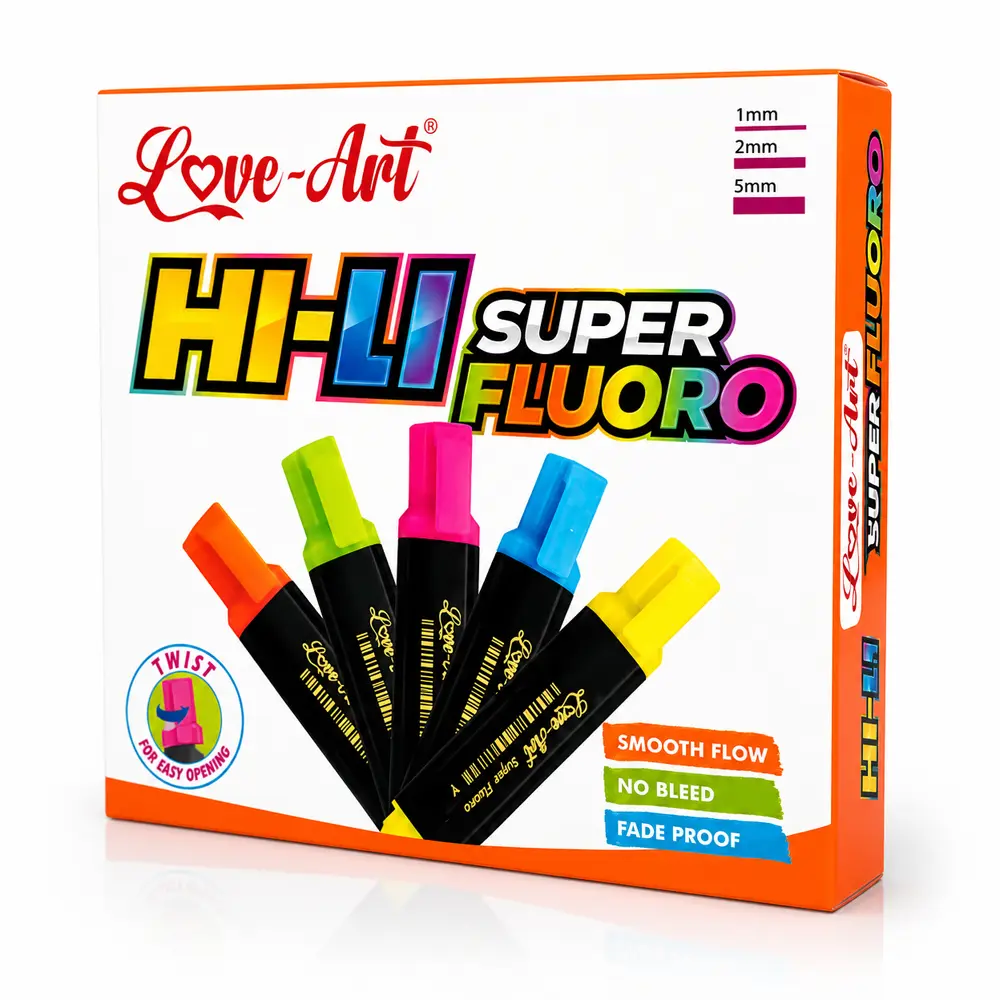 Highlighter-Front-Pack-of-10-final Love-Art Hi-Li Super Fluoro Highlighter 10 shades single color pack front view arranged in vibrant fluorescent colors