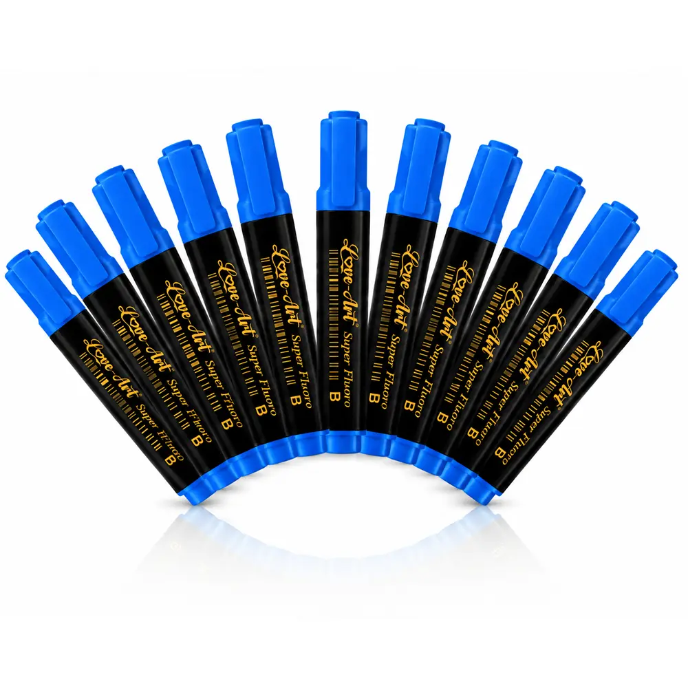 blue-highlighter-pack-10 Blue fluorescent highlighter marker from Love-Art Hi-Li Super Fluoro range for smooth highlighting and study notes