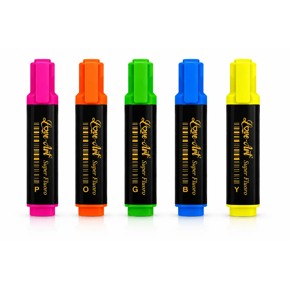 highligher-pack-of-5 Love-Art Hi-Li Super Fluoro Highlighter 5 shades pack front view showing vibrant fluorescent colors for highlighting and studying