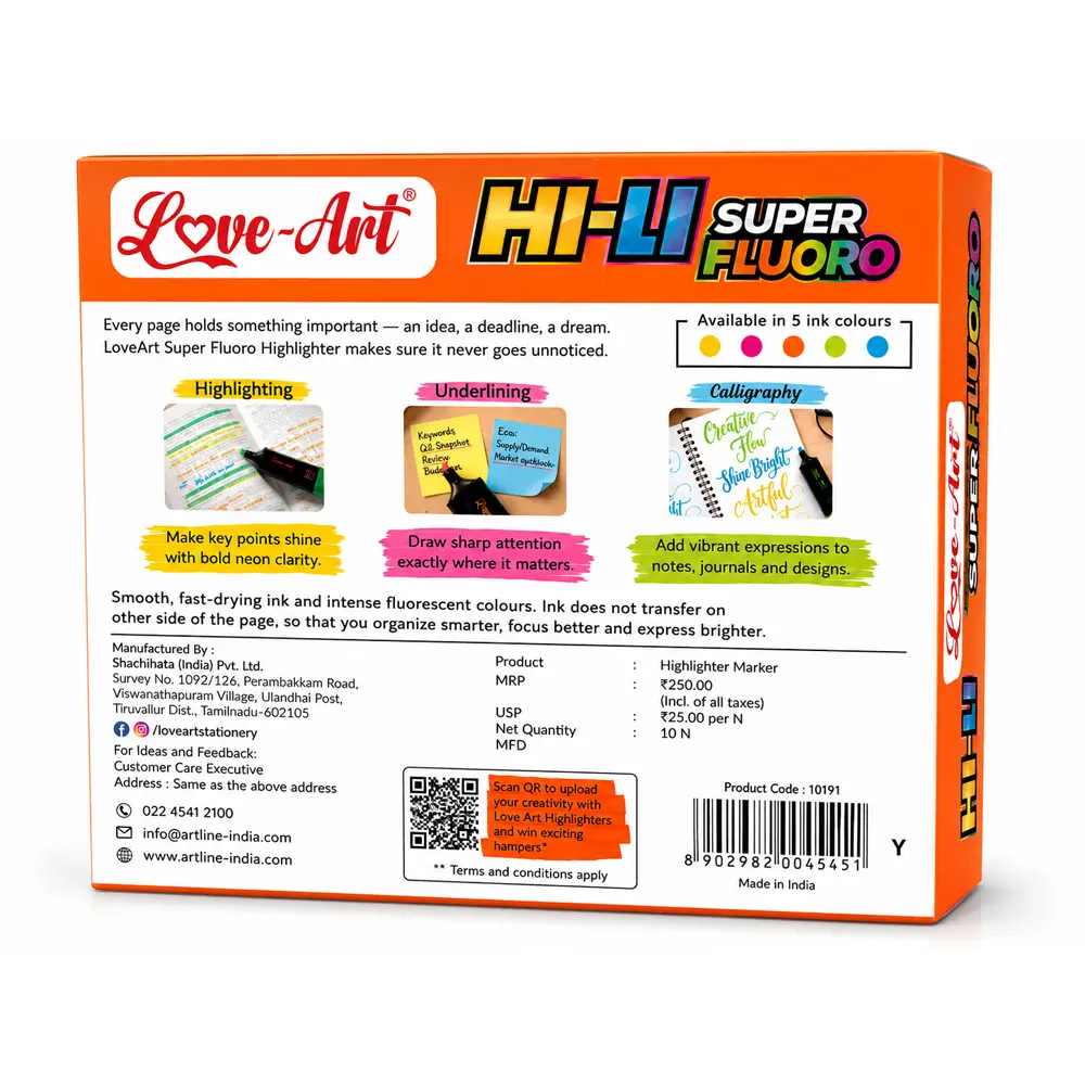 love-art-highlighter-10-shades-single-color-pack-back-details-final Love-Art Hi-Li Super Fluoro Highlighter 10 shades pack back view showing product specifications, barcode and details
