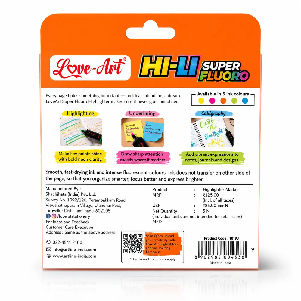 love-art-highlighter-5-shades-pack-back-details-final Love-Art Hi-Li Super Fluoro Highlighter 5 shades pack back view showing product details, features, and usage information