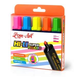 Love-Art Hi-Li Super Fluoro Highlighter 5 shades pack front view showing vibrant fluorescent colors for highlighting and studying
